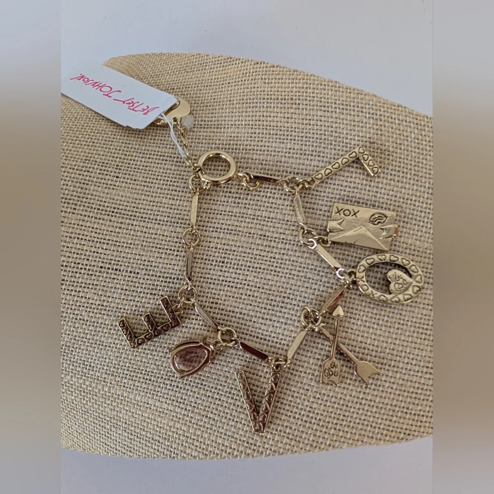 Betsey Johnson "LOVE" Gold Bracelet with Pink Charms NWT - Picture 2 of 2